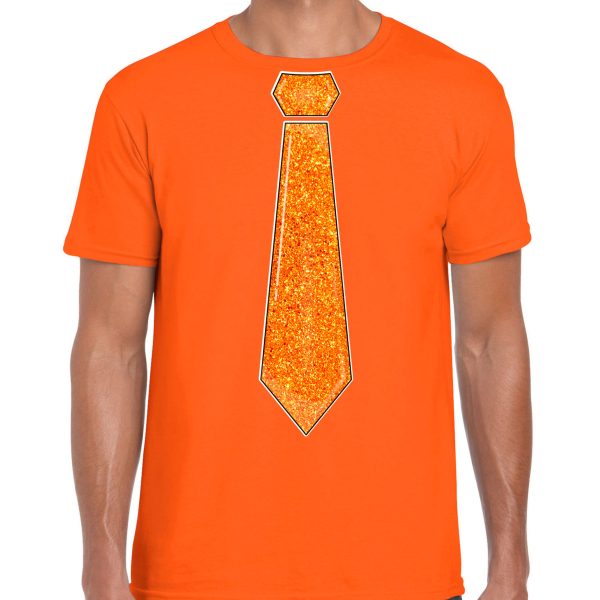 Verkleed t-shirt voor heren - stropdas glitter oranje - oranje - carnaval - foute party